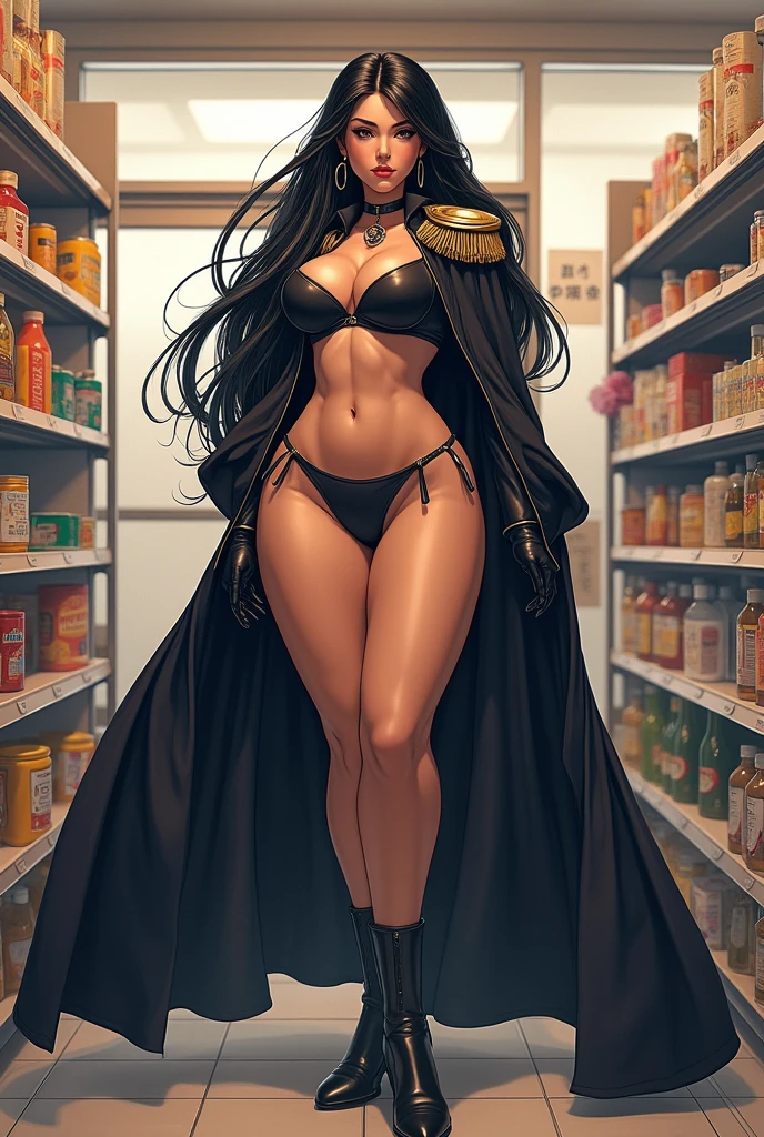 1girl, (solo:1.2), curvy, (masterpiece:1.2), (best quality:1.2), (perfect anatomy:1.4), (standing:1.4), (confident:1.2), smile, (large breasts:1.4), (cowboy shot:1.2),, hancock1, boa hancock, cleavage, black hair, long hair, epaulettes, long cape, crop top, long sleeves, side slit, snake earrings,, (japanese convenience store:1.4), (inside:1.3), modern, (konbini), shelves, groceries,, sinensian, (soft shading:1.2)
