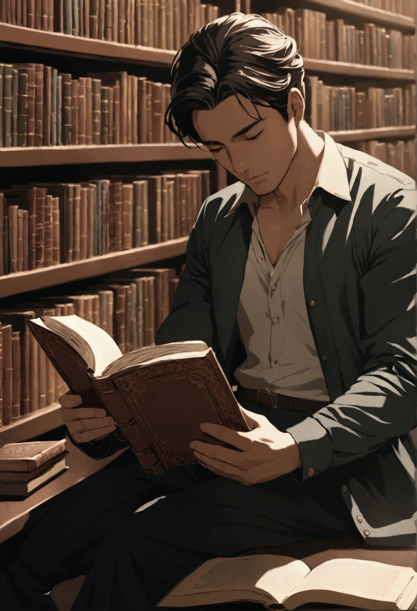 A man reads a book in a library.