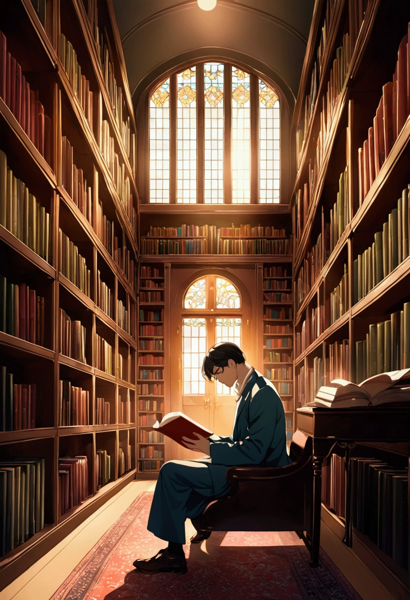 A man reads a book in a library.