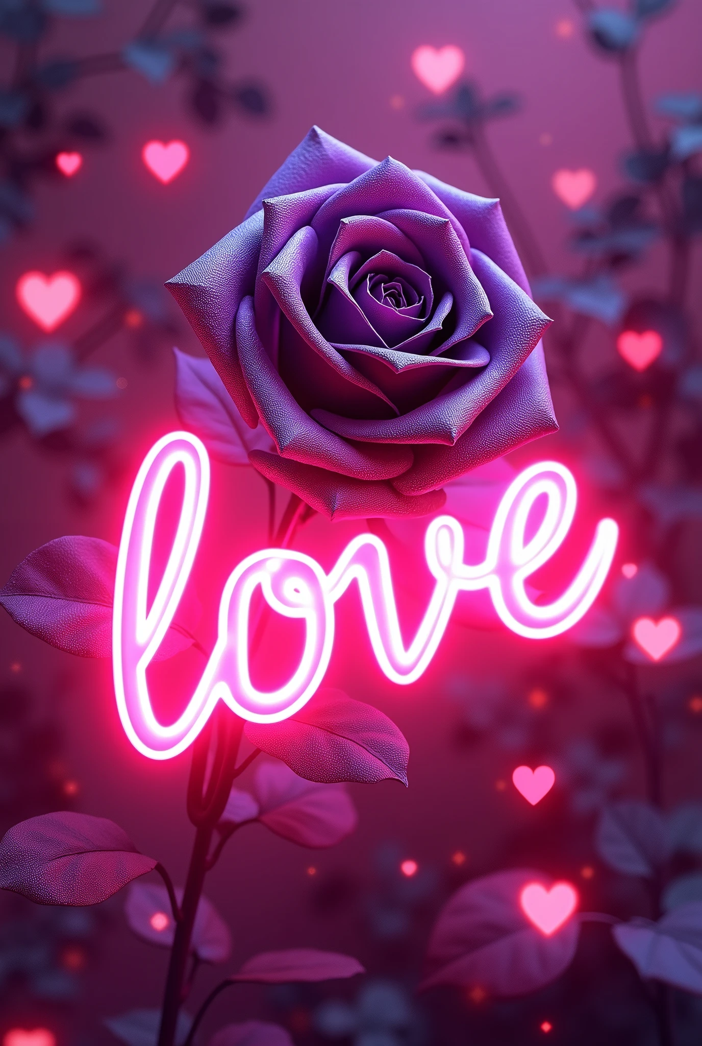 A mesmerizing artwork in a glowing neon art style! A vibrant pink background sets the stage for a stunning visual display. Three-dimensional text glows with an otherworldly light, spelling out "Love" in bold neon letters. Amidst this cosmic backdrop, a majestic rose blooms, its petals shimmering in a deep purple hue that seems to pulse with an inner radiance. The flower's dark, velvety centers appear almost black, adding depth and dimensionality to the design. Scattered throughout the composition are 3D neon hearts, their pinkish glow harmonizing with the overall palette. A dynamic angle captures the eye, drawing it into a world of enchantment and wonder.