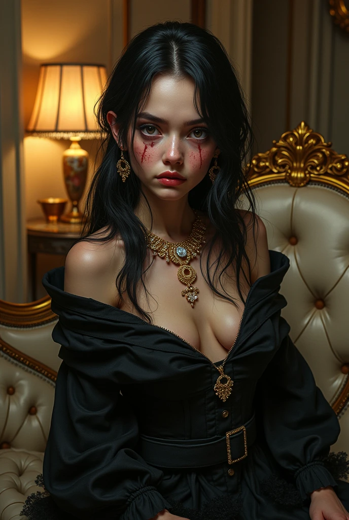 (generate a slutty apostle, gigantic breast, wear luxury made of spell written straps dress, messy hair, sit on scary skull chair, hand on hips), (scary skull table and flower vase), (magic potion bottle), (candle on skull on table), (show cleaveage), (show underboobs) ,((show sideboobs)), (show thigh with wiccan tattoo), (detailed scary skull hairpin), detail scary skull flower background, beautifull jewish chinese face, pretty face, beautiful eyes, beautiful nose, sexy lips, raytracing, beautiful fingers, beautiful hands, sexy belly, sexy body, sexy shoulders, sexy legs, sexy hips, (scary skull bracelet), (scary skullring), (scary skull necklace), beautifull nails , blue eye, perfect hand, perfect fingers, white skin, full body picture, gothic makeup, dramatic good lighting, realistic shadow, professional photography, 4k resolution, perfect anatomy, nsfw