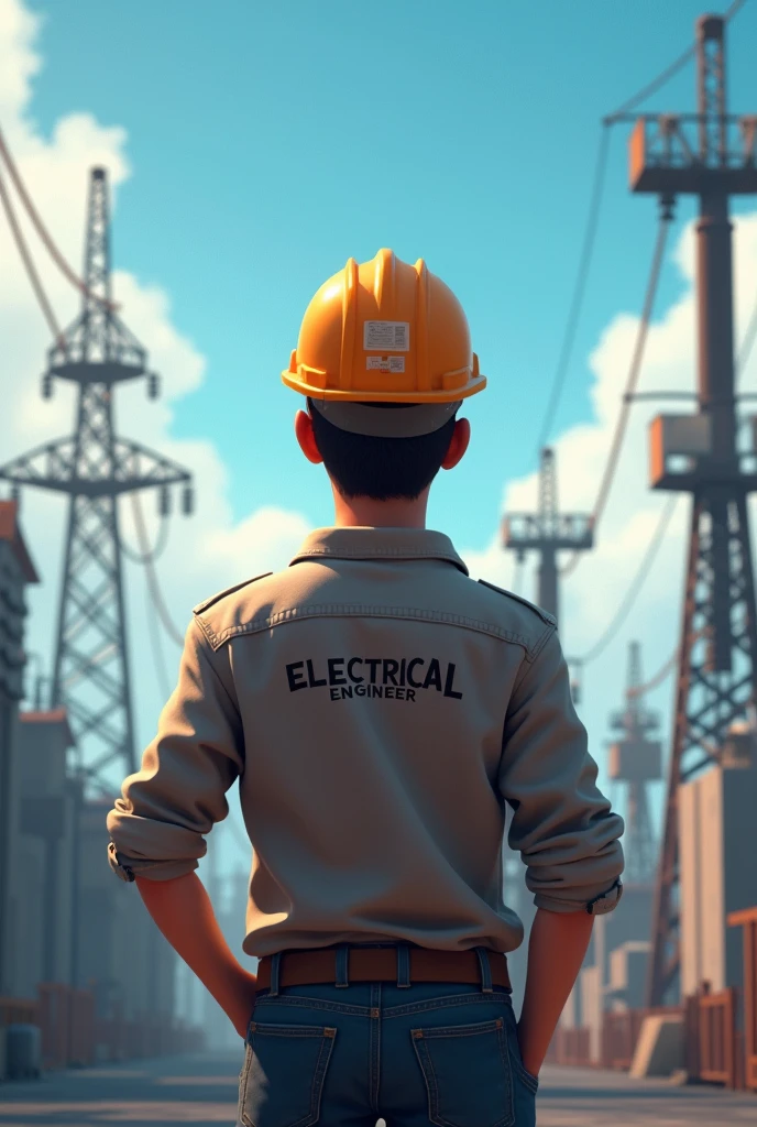 (Photo of electrical engineer standing alone and thinking young man with power systems theme .show that he electrical engineer.and background theme like grid or power systems site or these thing in front of him and in photo you show the back of this person.ainimated photo.other.designs show anywhere that he is electrical engineer and make it on other photo.writr electrical engineer on his back or on this man cap.change the cap use engineer seafty cap.) same other designs