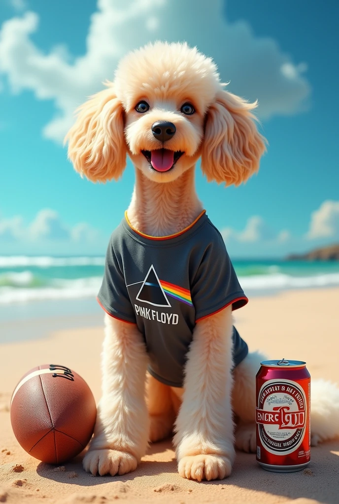 Image of a poodle dog on the beach wearing a pink floyd t-shirt, with a rugby ball and a beer on the sides