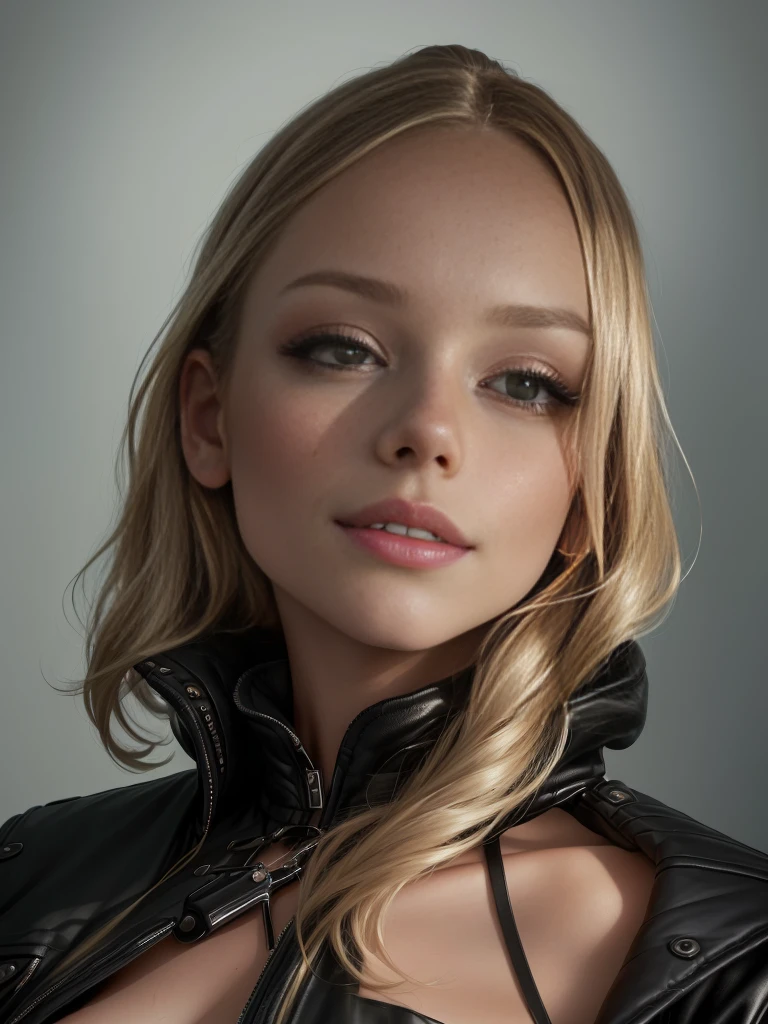 a close-up of a woman wearing a black jacket, Ester exposed, Dasha Taran, Britt Marling Stil, daniela uhlig, Portrait of Ester exposed, Gesicht wie Ester exposed, ((looking flirty
):1.2), im Stil von Britt Marling, Woman Model, Jovana Ricalo, Martina Fackova