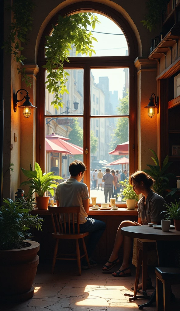 A quiet café tucked away in a city alley, with soft, ambient lighting and a corner table by the window. The aroma of freshly brewed coffee fills the air, and the street outside is lightly bustling.
