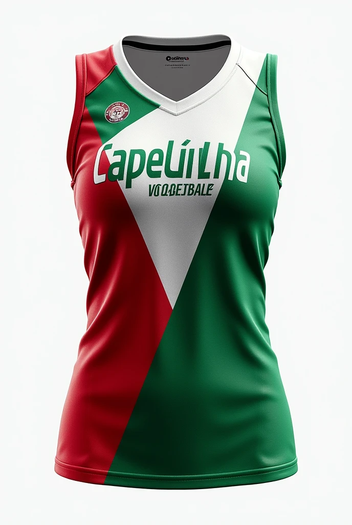 Women's volleyball uniform with the name CAPELINHA VOLEIBOL CLUBE in green, white and red.