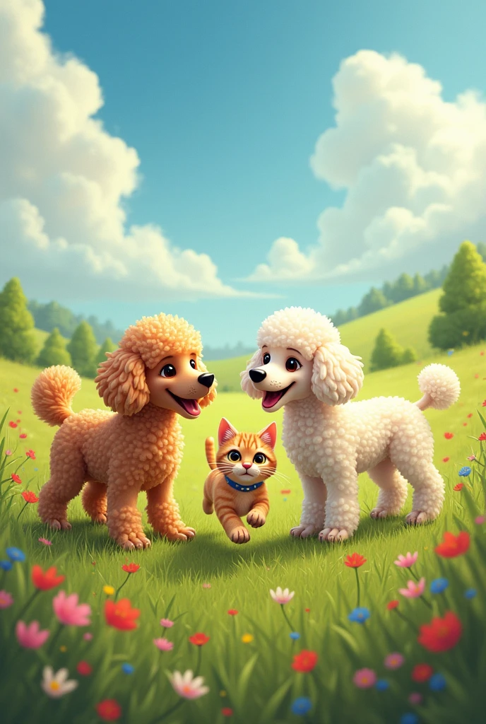 Create two poodle dogs with mutts, a male and a female, a female without an eye and a cat playing in a beautiful field