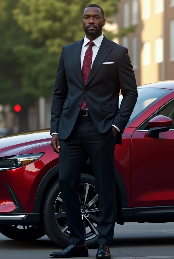 Tall black masculine man in a fitted suit standing beside a wine red mazda x5
