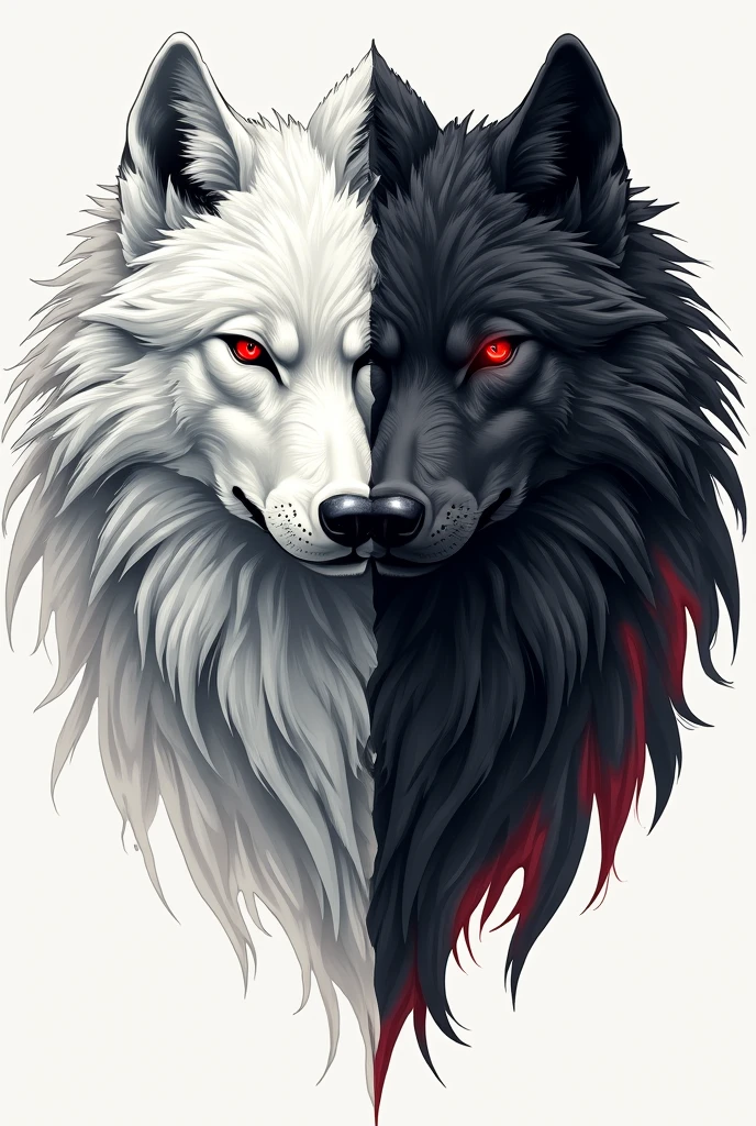 create an image for a tattoo with two wolves, one white and one black, both with red eyes