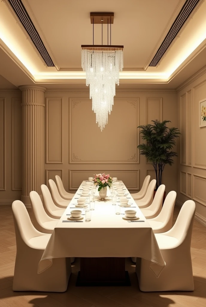 Restaurant tea room, ceilings 3.5 meters, rectangular flat ceiling, on the ceiling a rectangular chandelier made of small crystals, the floor is light brown porcelain stoneware, a long rectangular 6 meter st, white tablecloth, for 40 persons, walls made of decorative panels of light cream color, chairs dressed in white covers, white tea cups on the table, глухие стены без окон. Потолок ровный светлого цвета в один уровень, без колонны, потолок ровный по края без света
