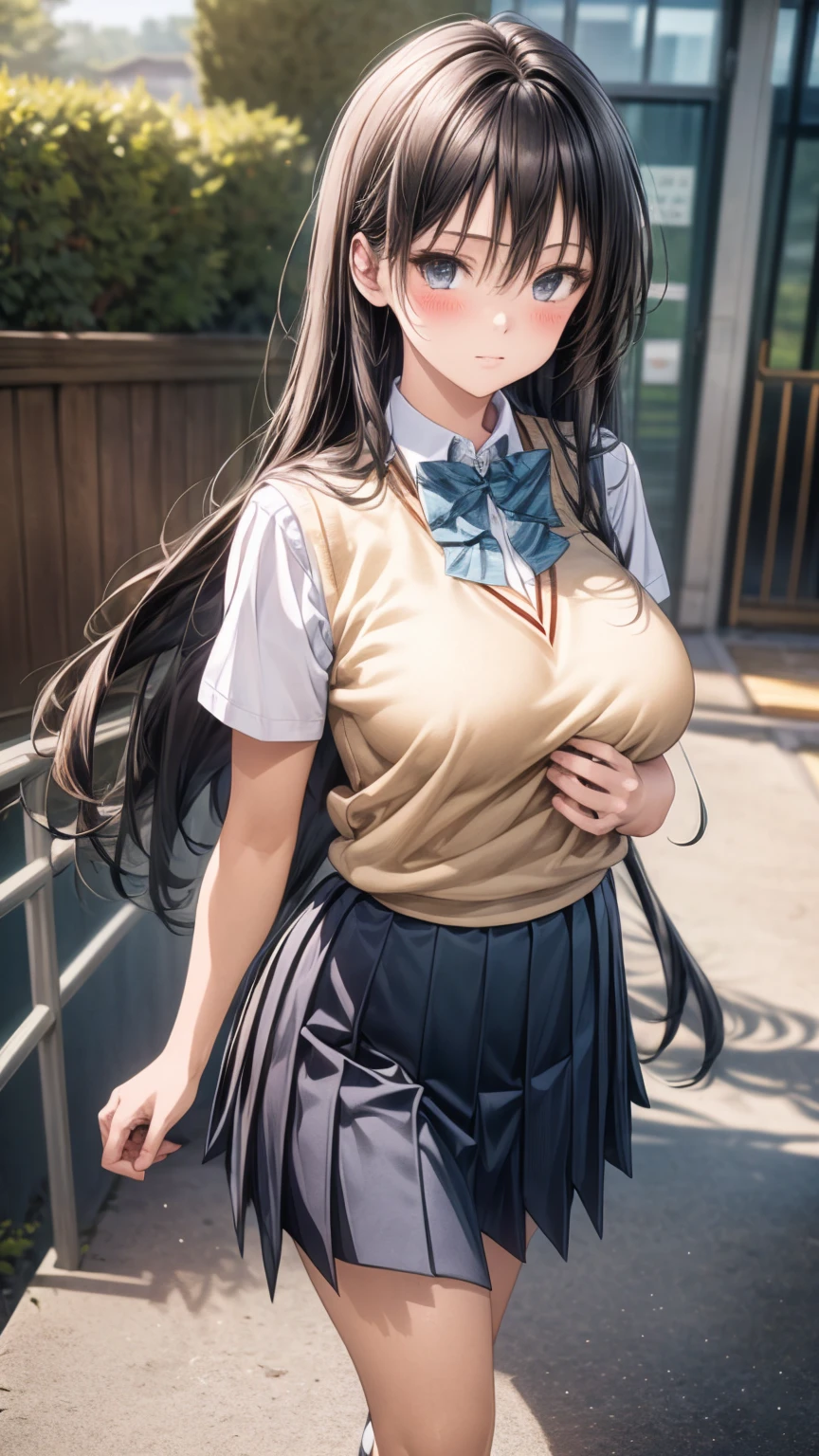 (masterpiece:1.2, top-quality), (realistic, photorealistic:1.4), beautiful illustration, 
looking at viewer, full body, front view:0.6, 
1 girl, japanese, high school girl, (long hair:1.5), blown hair, (half up, half updo), bangs, hair between eye, large breasts:0.8, 
beautiful hair, beautiful face, beautiful detailed eyes, beautiful clavicle, beautiful body, beautiful chest, beautiful thigh, beautiful legs, beautiful fingers, 
(beautiful scenery), , school,
((collared short sleeve shirt, white shirt, school uniform, grey plaid pleated skirt, blue plaid bow tie)), white panties, 
(standing, , lift up skirt, grab the hem of the skirt, hands on chest, hand between legs), 
blush, ,