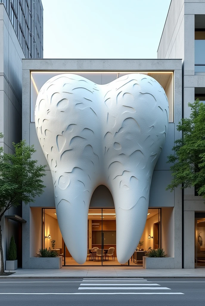 Facade of a dental clinic with only one floor and a molar as a concept