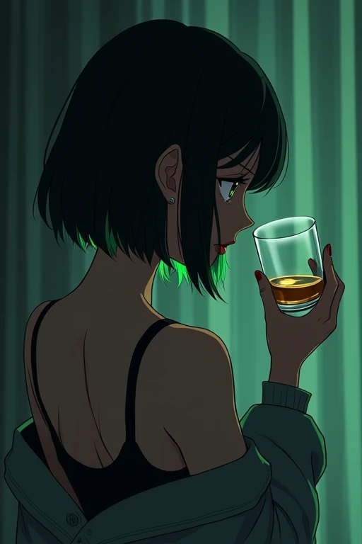Black hair with green inner color、Bob、Tank top cardigan、whisky、Dark room at night、Back view、anime、An illustration