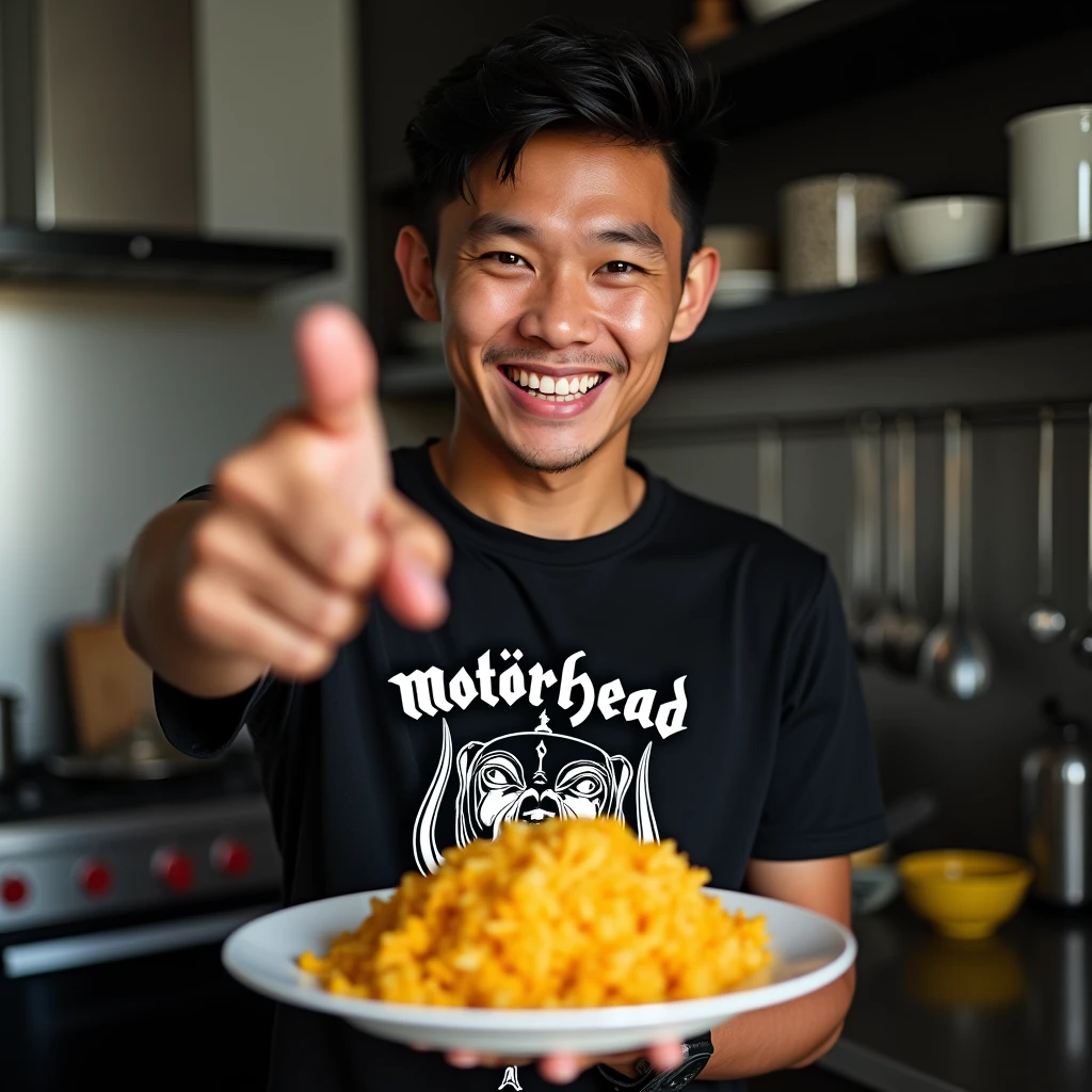 Real photo. young Indonesian man wearing a black Motorhead t-shirt.smile. holding a plate of fried rice pointing at the camera. kitchen atmosphere. Ultra-realistic 8K photo, taken with Leica Q2, strong color contrast and sharp clarity --ar 9:16 --quality 2 --