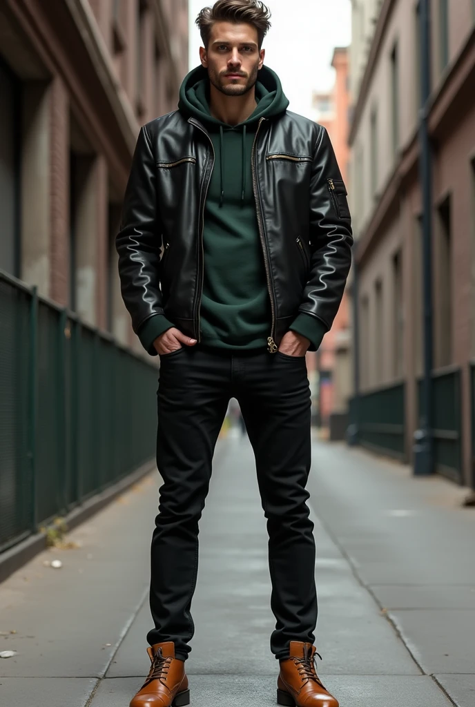 Man in leather jacket, underneath a dark green hooded sweatshirt, black jeans and camel-colored shoes