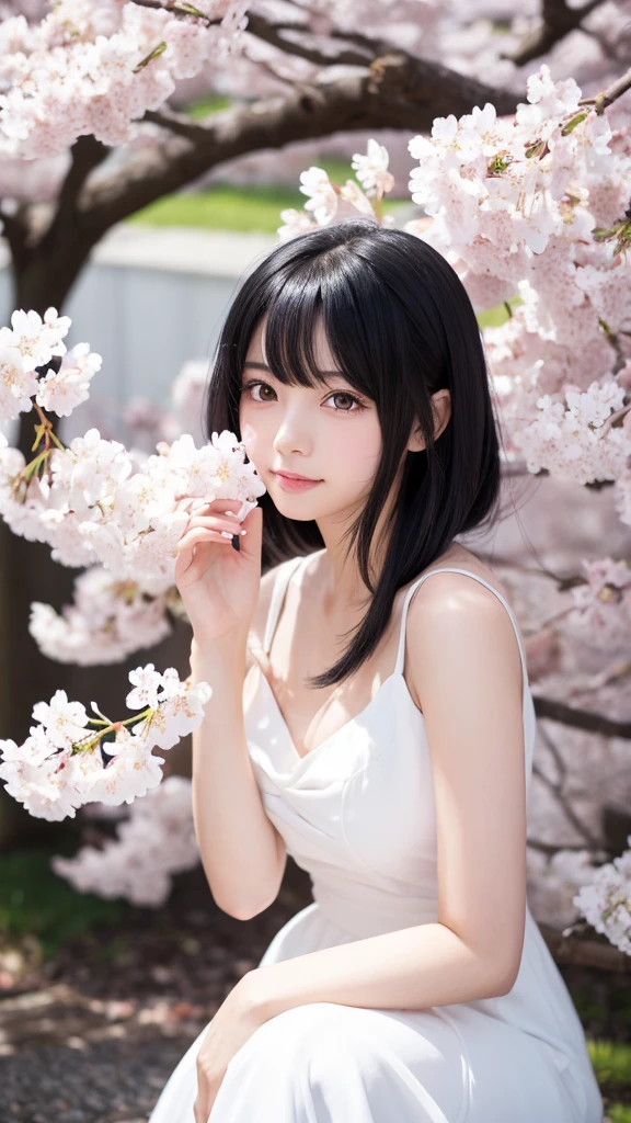 Black-haired anime girl in a white dress,cherry blossoms