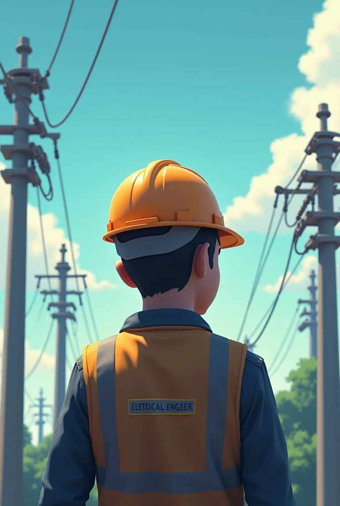 (Photo of electrical engineer standing alone and thinking young man with power systems theme .show that he electrical engineer.and background theme like grid or power systems site or these thing in front of him and in photo you show the back of this person.ainimated photo.other.designs show anywhere that he is electrical engineer and make it on other photo.writr electrical engineer on his back or on this man cap.change the cap use engineer seafty cap.) same other designs