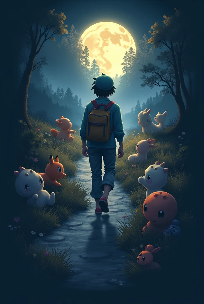 Logo de uma guild com nome Solitude, lonely pokemon trainer in search of his pokemon journey, with Pokémon around you on a dark trail