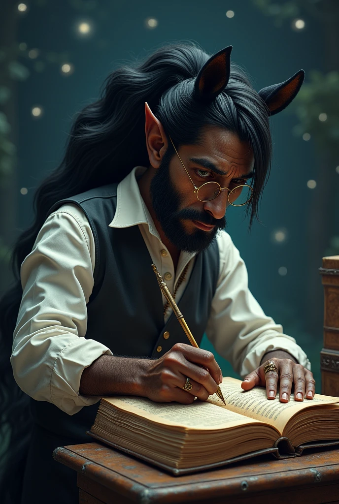 Indian man with the lower part of the body being that of a black-haired horse. He wears an old-fashioned white shirt, a monocle, and makes notes in an old book under the stars.