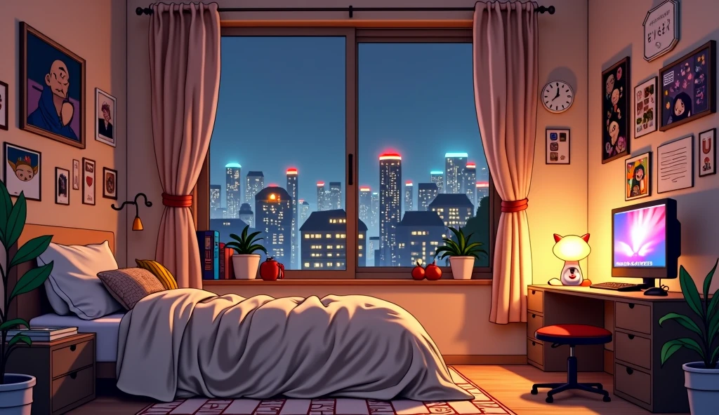 A lo-fi girly room , IN warm tones , predominating brown . A bed with a fluffy quilt. a table with a gaming computer. textbooks , a kitten plush. A large window overlooking the illuminated buildings. On the bedside table a cat lamp with warm lighting , bringing coziness to the bedroom . アニメ , high resolution.