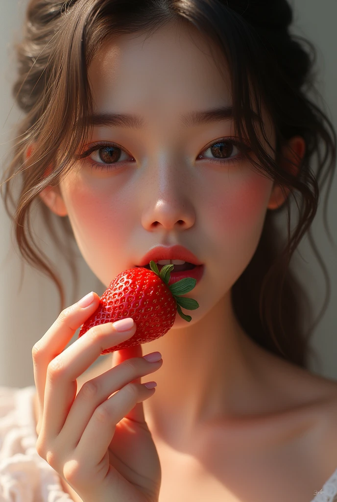 Very beautiful girl bites juicy red strawberry