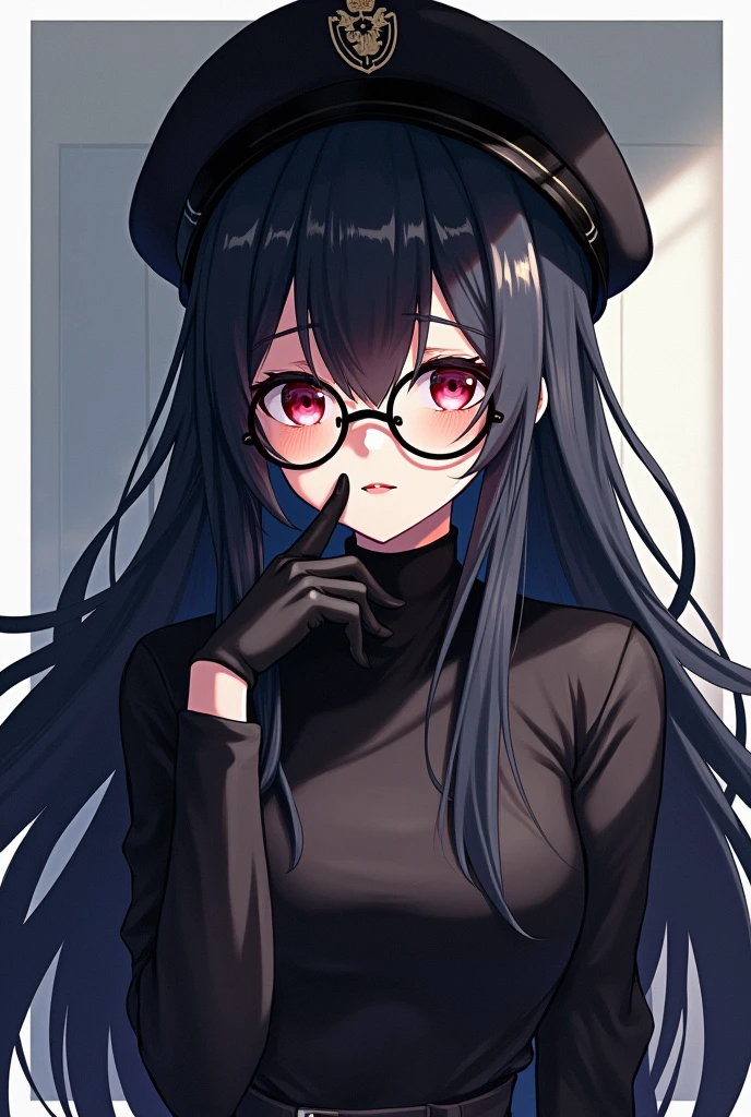 masterpiece, High quality computer graphics, anime, illustration, Best quality, 1 girl, border, bond, Beautiful face, detailed face, cowboy shot, dokkabi, 1 girl, One, I look at the viewer,  black hair, hair, Glasses, black gloves, belt, trousers, black eyes, twin hairs, highlighted hair, black headdress, Body, black trousers, round glasses, black Body, cap, hair behind the ear, 
