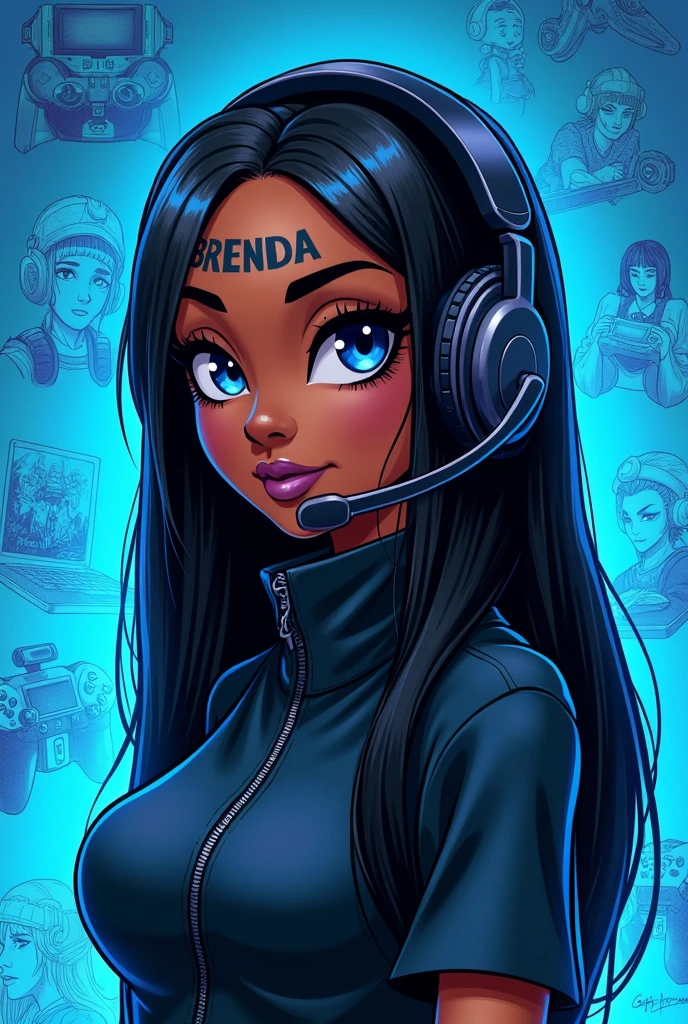 Create a Black Female Cartoon Character, with black hair, long and straight, with a black headset. Place game drawings in the mirrored image background, put the name “Brenda” on the character’s forehead, leave with shades of blue