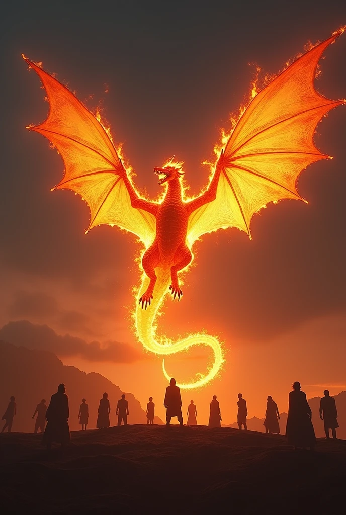 （fire Dragon），（The fire outlined the dragon&#39;s body.)，The dragon flaps its wings，(Shining with golden light)，alone,night,Multiple silhouettes，First person view elevation angle，Super Detail，Highest quality，masterpiece，（8k)，Very detailed，Spectacular artwork