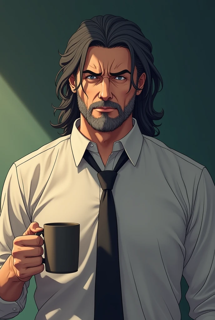 Create a male teacher in his mid 40s, having long dark with grey hair, a stubble and tired with life face expression, holding a coffee mug (Anime styled image)