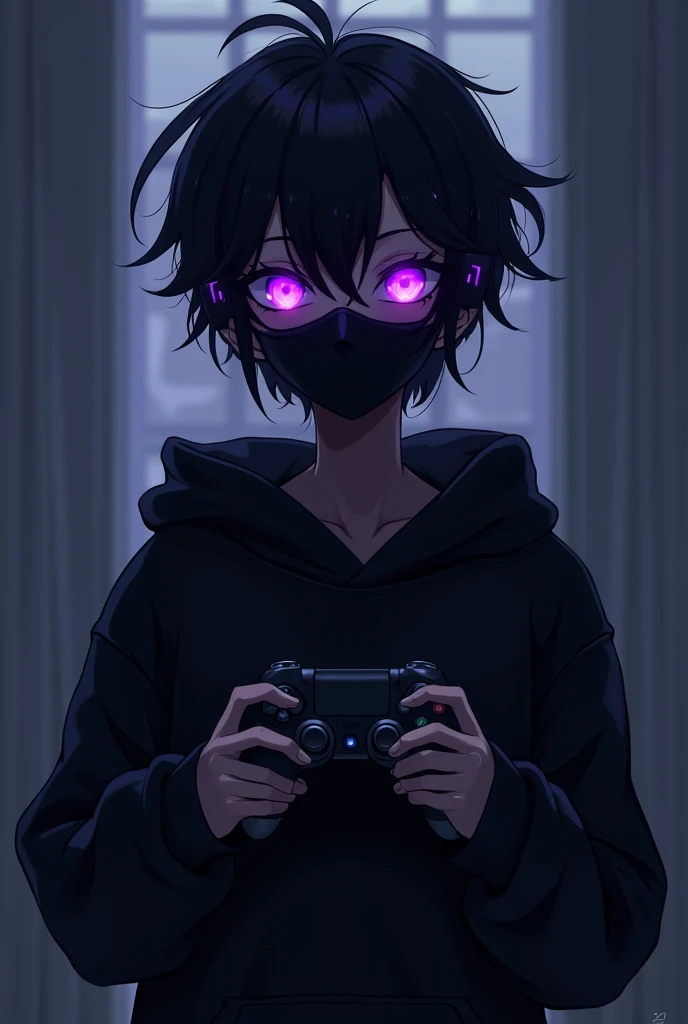 Appearance: hacker looking forward , 2d anime style , with short, wavy hair , with a dark face with black hair standing on end. He wears a black mask that covers part of his face and small headphones in his ears.. He's holding a video game controller ,Its general appearance is gloomy , recalling an ethereal and dark presence. eyeballs: Intense and illuminated purples, increasing its mysterious and frightening aura. Clothing: Wears a black sweatshirt that enhances his shadow appearance. Personalidade: Exudes a calm and calculating demeanor, rarely loses composure. His glowing purple eyes and shadow-like appearance contribute to his enigmatic and unsettling presence.. history: Carries a dark past that shaped his menacing aura, with his hidden face and glowing eyes suggesting a deep inner conflict between light and darkness.