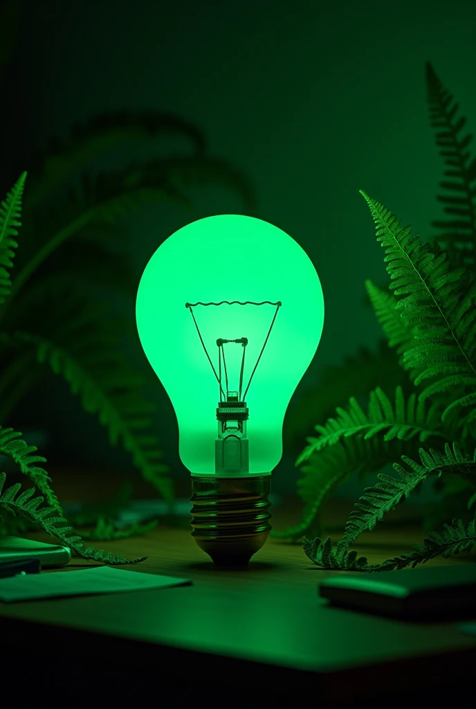 uma lâmpada verde com o formato 💡 em uma sala escura, with Ferns in the background on an office desk with a RLB inside the lamp 