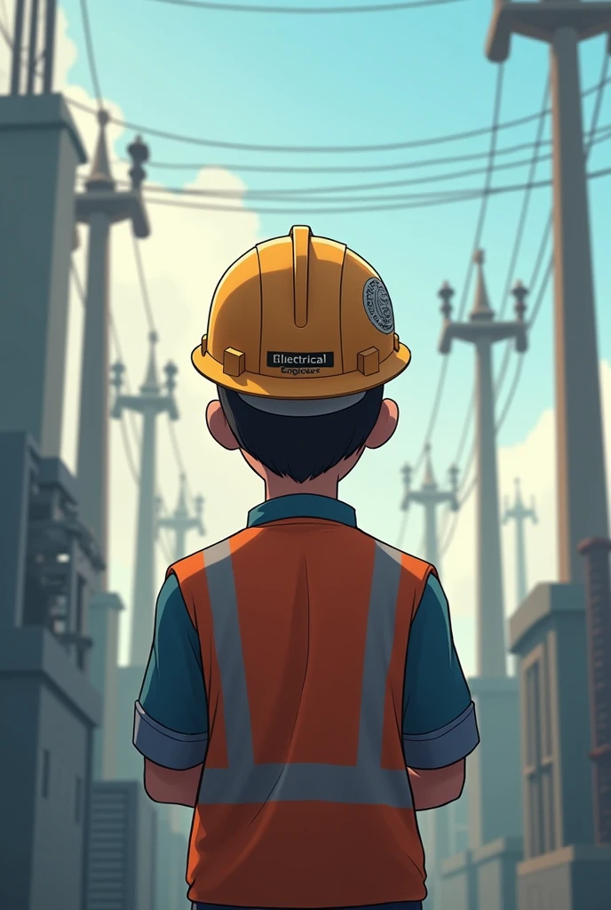 (Photo of electrical engineer standing alone and thinking young man with power systems theme .show that he electrical engineer.and background theme like grid or power systems site or these thing in front of him and in photo you show the back of this person.ainimated photo.other.designs show anywhere that he is electrical engineer and make it on other photo.writr electrical engineer on his back or on this man cap.change the cap use engineer seafty cap.) same other designs