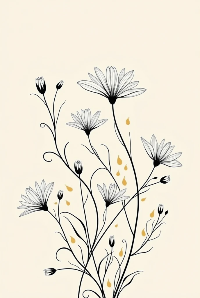 Create a minimalist botanical illustration featuring elegant black line art flowers with delicate, flowing stems and leaves. The background should include abstract gold foil accents to add a luxurious and artistic touch. The overall color scheme should be soft and neutral, with the gold accents providing contrast against a beige or cream background. The composition should be refined and balanced, emphasizing simplicity and elegance