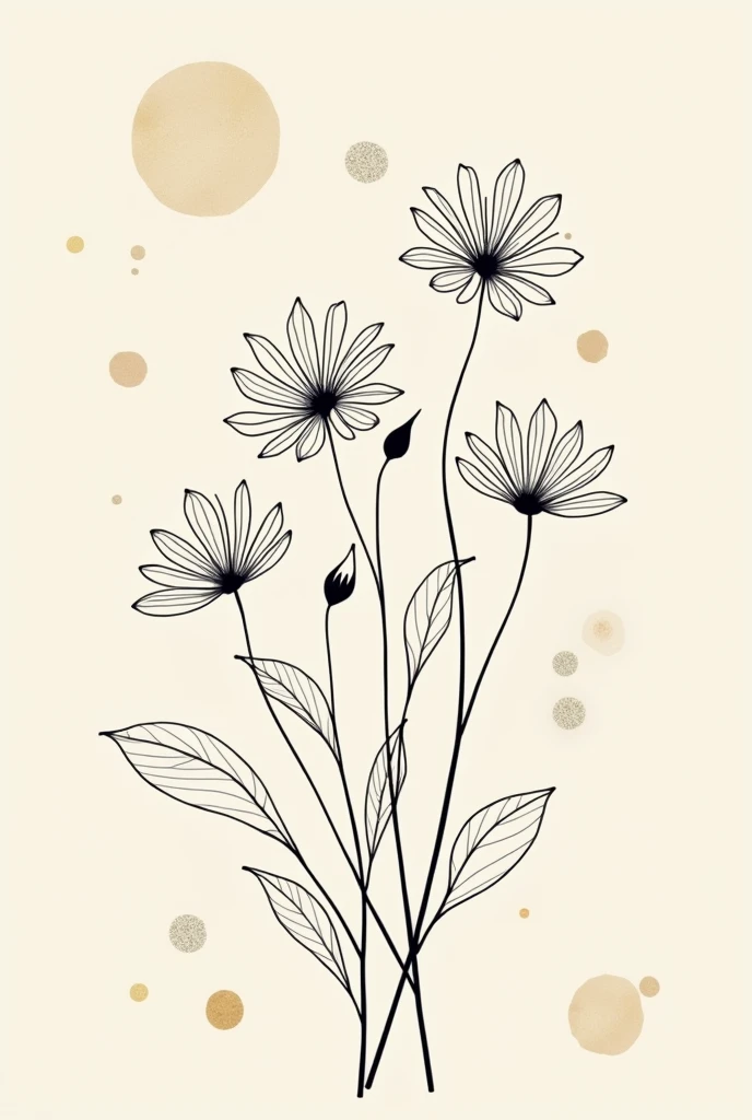 Create a minimalist botanical illustration featuring elegant black line art flowers with delicate, flowing stems and leaves. The background should include abstract gold foil accents to add a luxurious and artistic touch. The overall color scheme should be soft and neutral, with the gold accents providing contrast against a beige or cream background. The composition should be refined and balanced, emphasizing simplicity and elegance