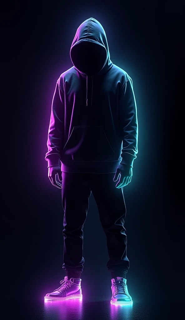 A hooded figure stands silhouetted against a pitch-black backdrop, its vibrant features radiating an otherworldly glow. Neon outlines dance across their hoodie and sneakers, bathing them in a kaleidoscope of purple, green, and blue hues. Sharp, intricate details accentuate the luminous effects, drawing attention to the character's mesmerizing aura.