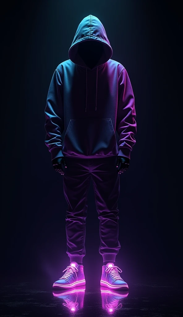 A hooded figure stands silhouetted against a pitch-black backdrop, its vibrant features radiating an otherworldly glow. Neon outlines dance across their hoodie and sneakers, bathing them in a kaleidoscope of purple, green, and blue hues. Sharp, intricate details accentuate the luminous effects, drawing attention to the character's mesmerizing aura.