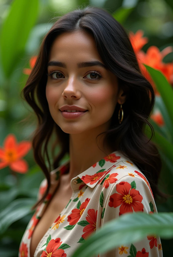 A Brazilian woman in a lush tropical garden, wearing an open shirt with a floral print, with a close-up capturing the harmonious beauty between her breasts and the natural flowers, showing off your natural charm and outgoing personality.