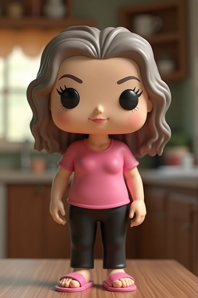 Funko pop of an elderly lady(looking 60 years old) whose name is Eve. with loose brown hair,skin fair,pink shirt, black pants and pink flip flops.fund:grandma's kitchen