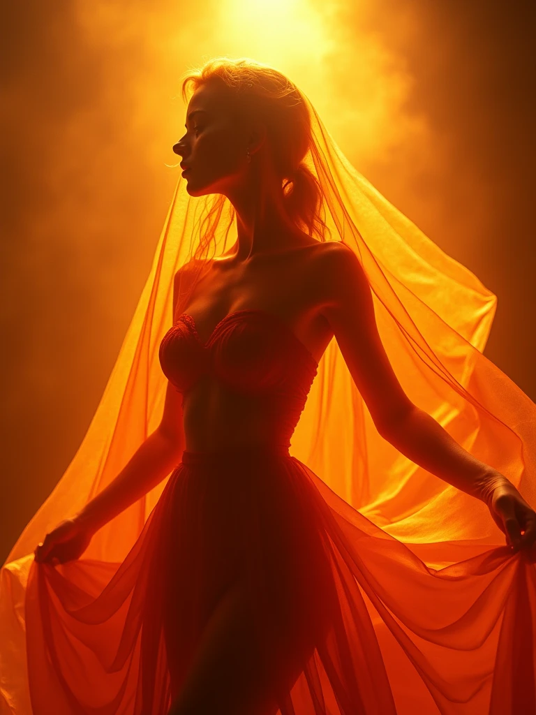 Full body, Album cover that portrays a female (silhouette) in warm tones of red and orange, wrapped in transparent veils, with soft lighting that evokes a sense of heat and mystery.
, Awarded several times, High details, high qualiy, ultra HD, Depth of field, film grain