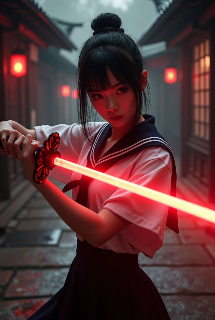 A Japanese woman in a sailor suit holding a Japanese sword with a glowing red blade。