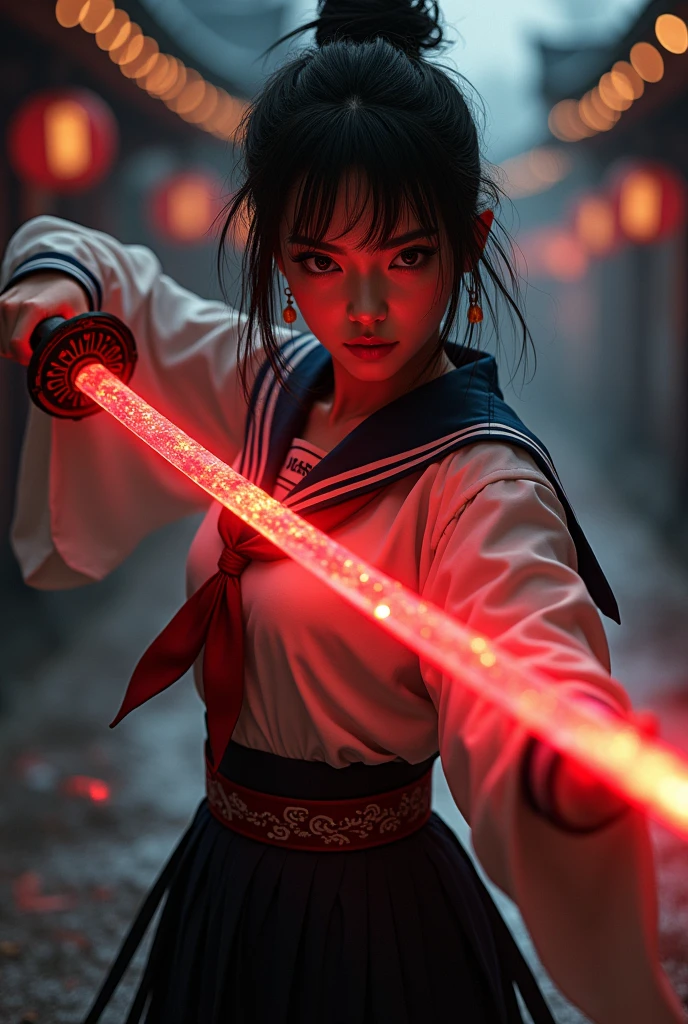 A Japanese woman in a sailor suit holding a Japanese sword with a glowing red blade。