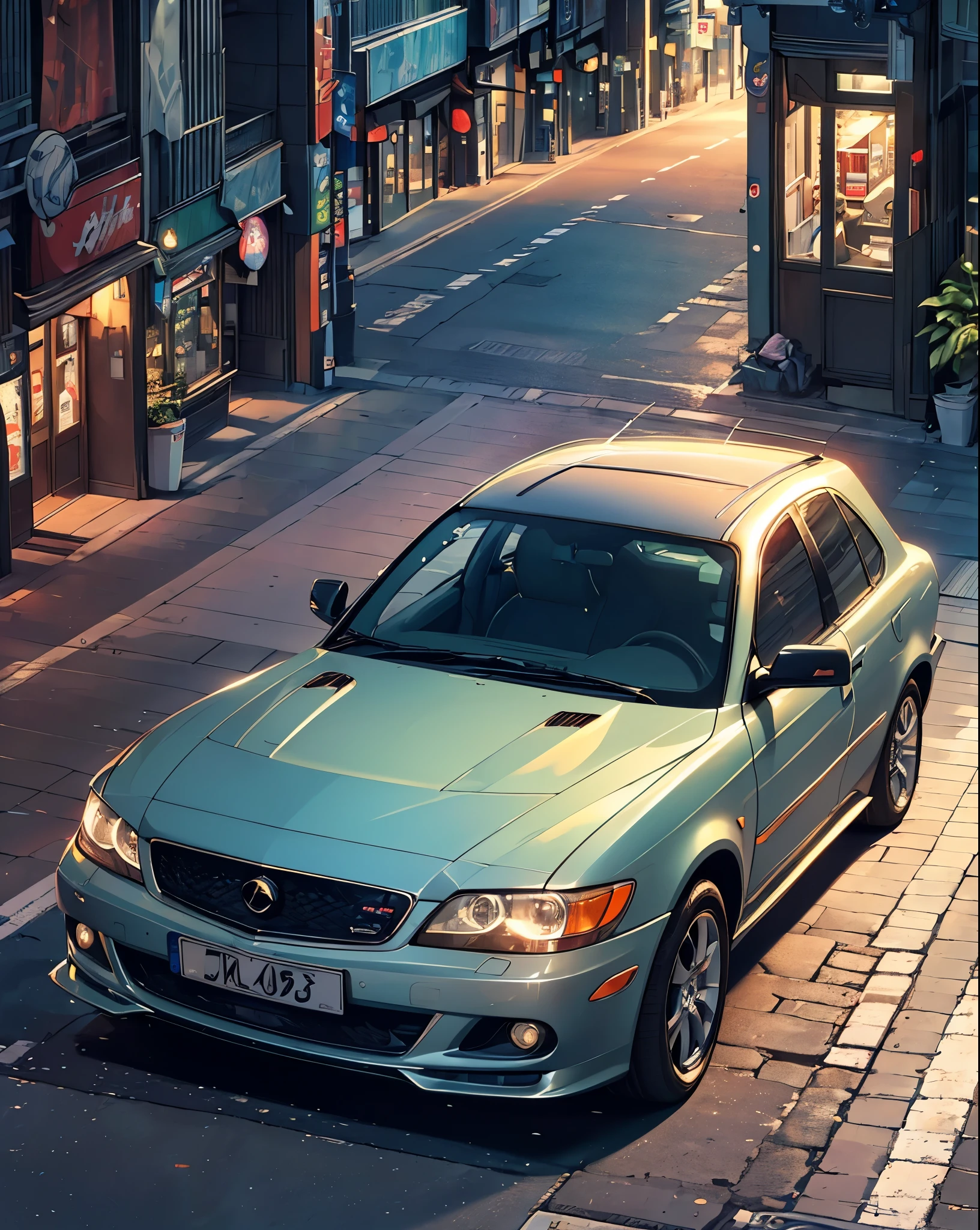 (bird's eye view from above),(diagonal angle),((lots of cars)),(remove yellow tinge),(cool shades),(clear and clean air),(two lane road),(City lights reflect on the car),(at night),(Two persons),(Narrow sidewalks),(crowded with people:1.2),(Shop signboard on the sidewalk),(glossy lots of cars),(girl and youngman),(two people in a car),(Two seater in a car), (a foreign car),(Passersby pass by on the sidewalk )In a busy downtown area at night, while passersby are bustling about, a middle school girl in a sailor uniform is riding in a foreign car driven by a man wearing sunglasses and an Hawaiian shirt, sticking her head out of the passenger seat and looking out at the street.