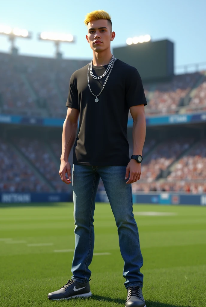 Create a full-body photorealistic image of a very slim, handsome, young-looking man, with very short yellow-blond hair. The avatar must be shaved, without facial veil (no beard or mustache). The avatar should have slightly darker honey-colored eyes, lighter eyebrows, a thin face with prominent cheekbones, and a stylish appearance. The character must wear a black t-shirt, a large Cuban style silver chain, blue jeans and Nike sneakers. The background should be the grass of the Titans Legacy stadium, clearly showing the iconic features of the stadium with the &#39;Titans Legacy&#39; title visible. The character&#39;s full body must be visible in the image, and there should only be one instance of the character in the image. The image must be photorealistic, capturing all the details accurately and realistically.

