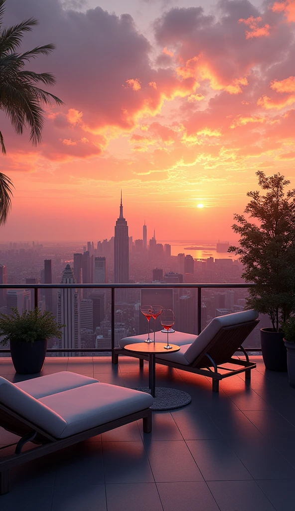 A rooftop terrace at dusk, overlooking the city skyline. The sky is painted in shades of orange and pink, and the distant sounds of the city create a calm yet vibrant atmosphere. Comfortable chairs and a small table with drinks.