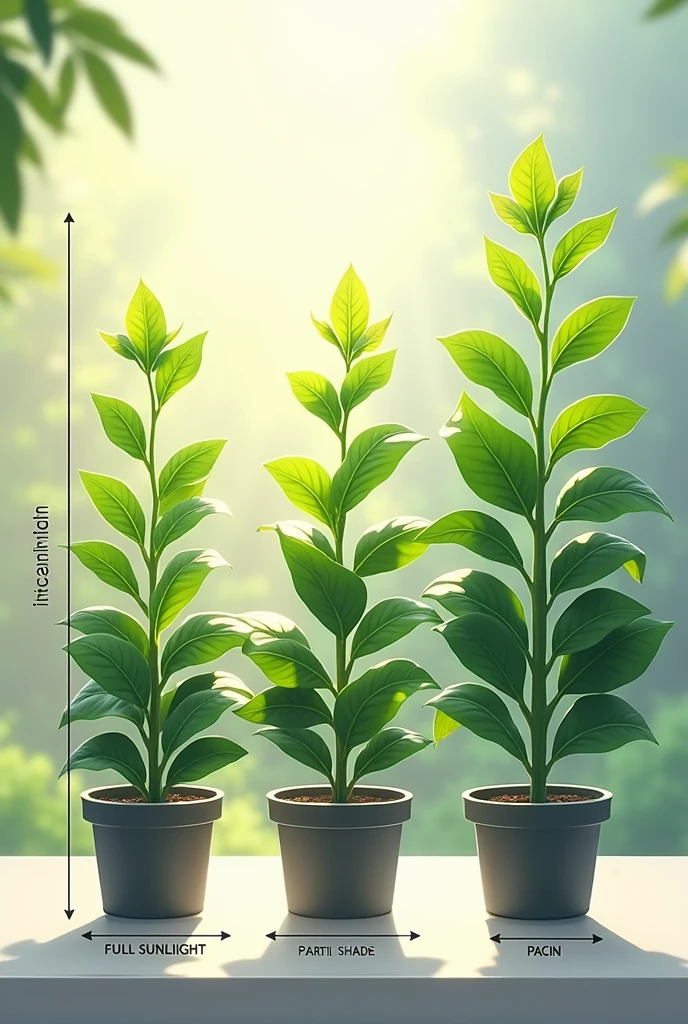 Show me the same plant in these 3  (full sunlight, partial shade, artificial light) and they measure how it affects specifically in centimeters and which are the 3 