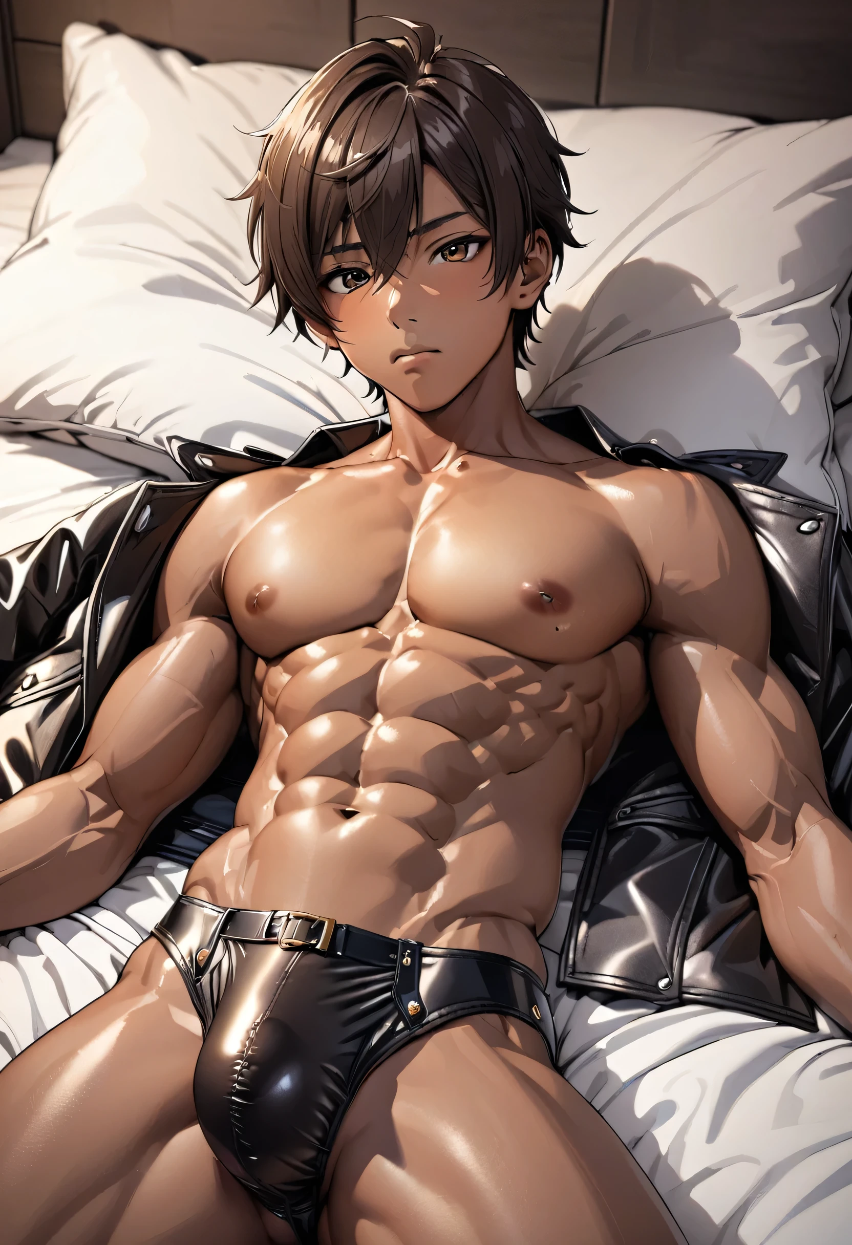 high quality, detailed, 22 years old  japanese idol boy, (detailed brown eyes:1.4), (abs), (dark skin), (detailed areola), black short hair, (leather tiny briefs), (erected bulge), laying bed,