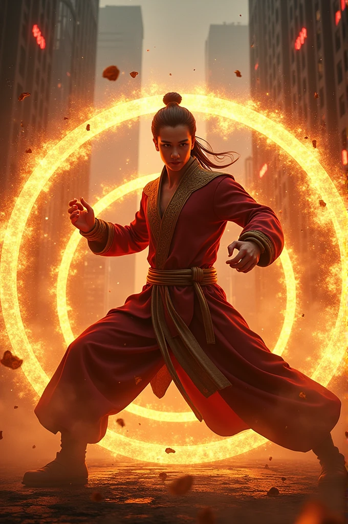 Shang-Chi, surrounded by mystical golden rings of energy, strikes a dynamic martial arts pose. His expression is intense as he prepares to fight in a dark cityscape, with glowing red lights illuminating the smoky air