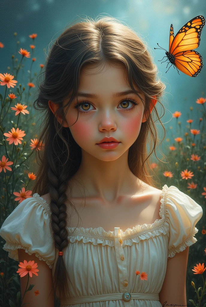 A beautiful detailed portrait of a girl in a magical garden, oil painting, extremely detailed eyes and face, long eyelashes, elegant dress, fantasy landscape with glowing flowers, fantasy butterfly, butterflies, dream-like atmosphere, mystical, cinematic lighting, dramatic shadows, vibrant colors, amazing detail, photorealistic, 8k, best quality, masterpiece