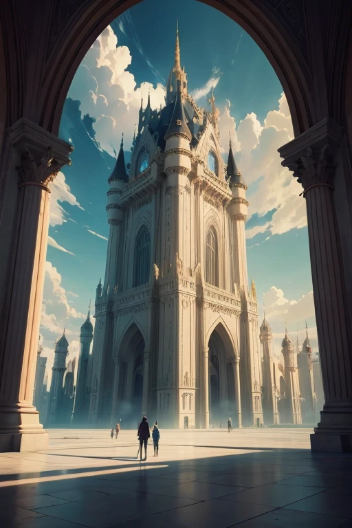 a 2D anime style image Breakdomain in the 2D anime animation style of:A palace castle of 898 trillion and 800 billion and 687 million and 289 thousand dimensional meters, its Towers rise so high that it seems to touch the sky and its halls are vast enough to house entire cities within its walls, each room is adorned with treasures and artifacts from different worlds, different worlds reflecting the grandeur and the power
