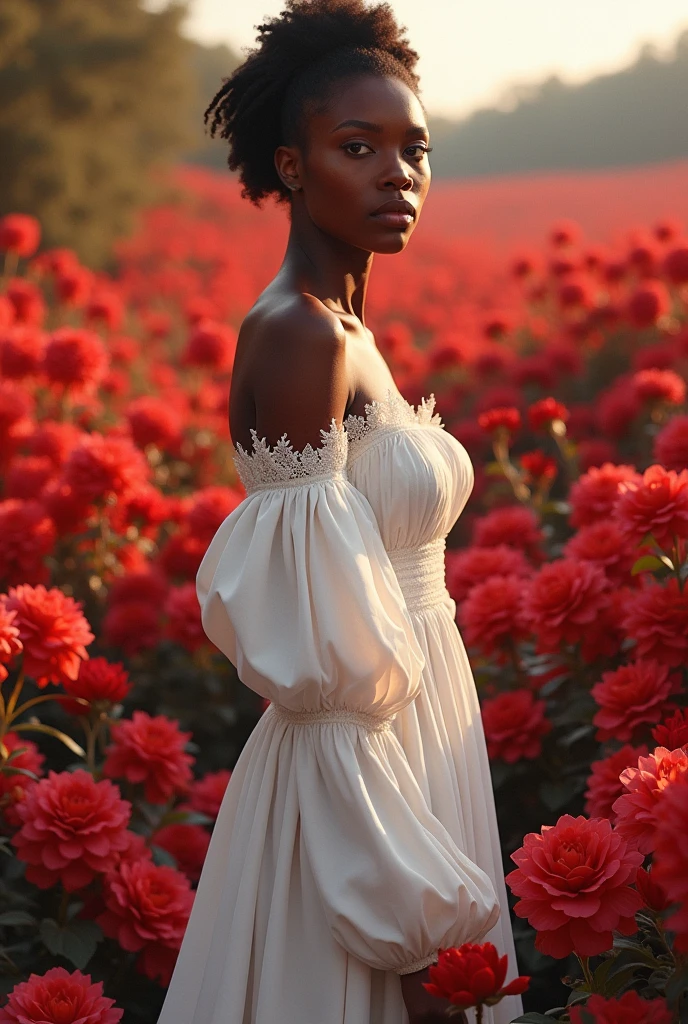 Black woman not showing her breasts in white dress with red flower landscapes
